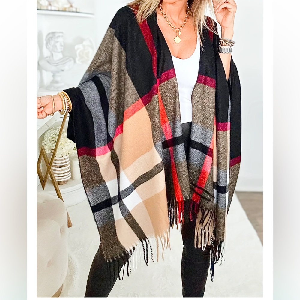 ShopEvelynne Black Red Tan Plaid Fringe Poncho Wrap
